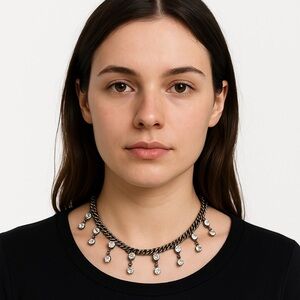 Vintage Gunmetal Chain and Rhinestone Statement Necklace